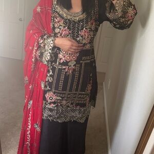 Chic Black and Gold Embroidered Ensemble with Red Dupatta Indian suit Punjabi